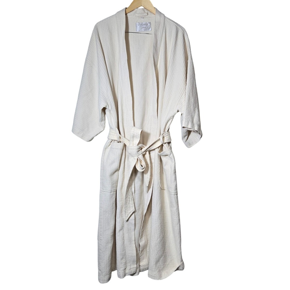 Monarch Cypress Cream Waffle Weave Spa Robe OSFM Cotton Blend Kimono Belted